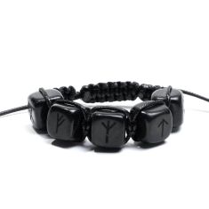 Schungit-Armband „Taika Grande“ mit großen 16 mm Schungit-Perlen, fünf Runen und schwarzem Wachscord – klassischer Schungit aus Karelien.