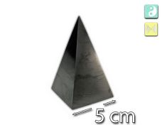 Tall polished Shungite pyramid (5 cm base) with harmony symbols. A striking natural stone for interiors and those who want to buy shungite.
