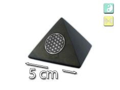 Pyramide en shungite avec informations sur la qualité, l’origine de Carélie, le certificat d’authenticité et les inclusions de pyrite et de quartzite