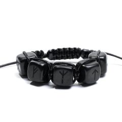 Schungit-Armband „Taika Grande“ mit großen 16 mm Schungit-Perlen, fünf Runen und schwarzem Wachscord – klassischer Schungit aus Karelien.