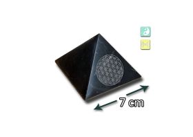 Polished Shungite pyramid 7×7 cm with Flower of Life engraving. Natural stone for balanced interiors and conscious space design.