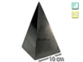 Large polished Shungite pyramid 10×10 cm with harmony symbols. Natural stone for interiors and conscious space design.