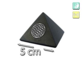 Pyramide en shungite avec informations sur la qualité, l’origine de Carélie, le certificat d’authenticité et les inclusions de pyrite et de quartzite
