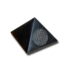 Schungit-Pyramide, 70 mm, "Blume des Lebens", mit Gravur
