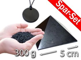 Set „Die drei Besten“: Schungit-Pyramide, -Anhänger, -Splitt
