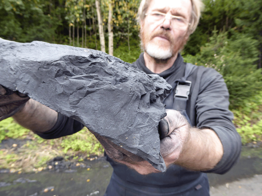  Ein Mensch hält ein naturbelassenes Stück Schungit in den Händen – achtsam betrachtet er die Form des Steins, um ihn als einzigartiges Kunstobjekt auf einem Talchlorit-Sockel auszuwählen. 