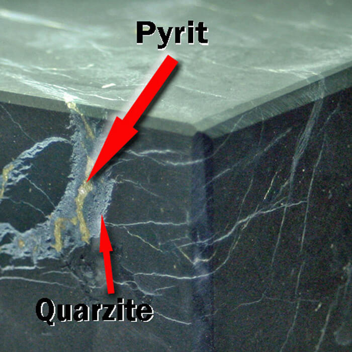 Natürliche Quarzit- und Pyriteinschlüsse im Schungit